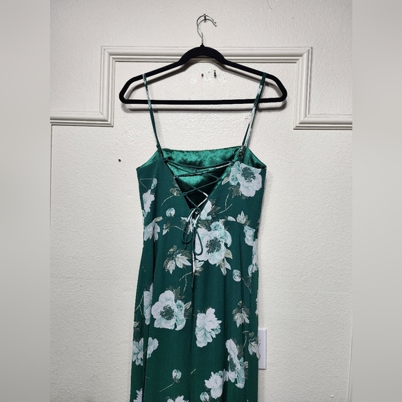 Lulus Feeling Elegant Green Floral Print Lace-Up Slit Maxi Dress S Wedding Party - Picture 10 of 11